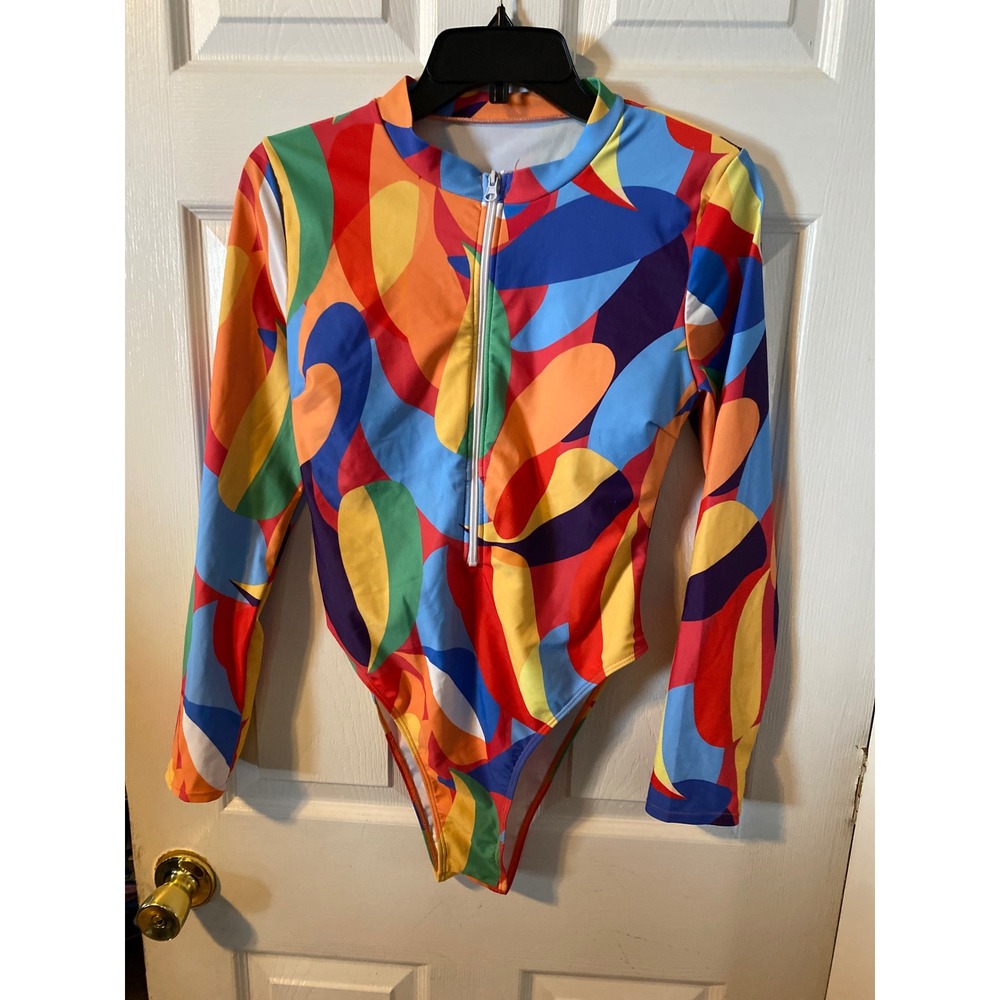 Multicolor Abstract Print Long Sleeve One Piece Swimsuit Zip Back Cutout L